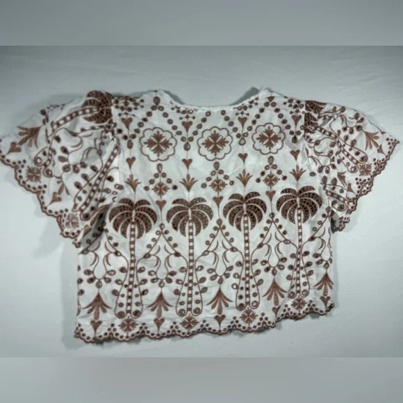 Rebellion White Crop Top with Brown Floral Embroidery and Front Tie boho S/M - Picture 4 of 4